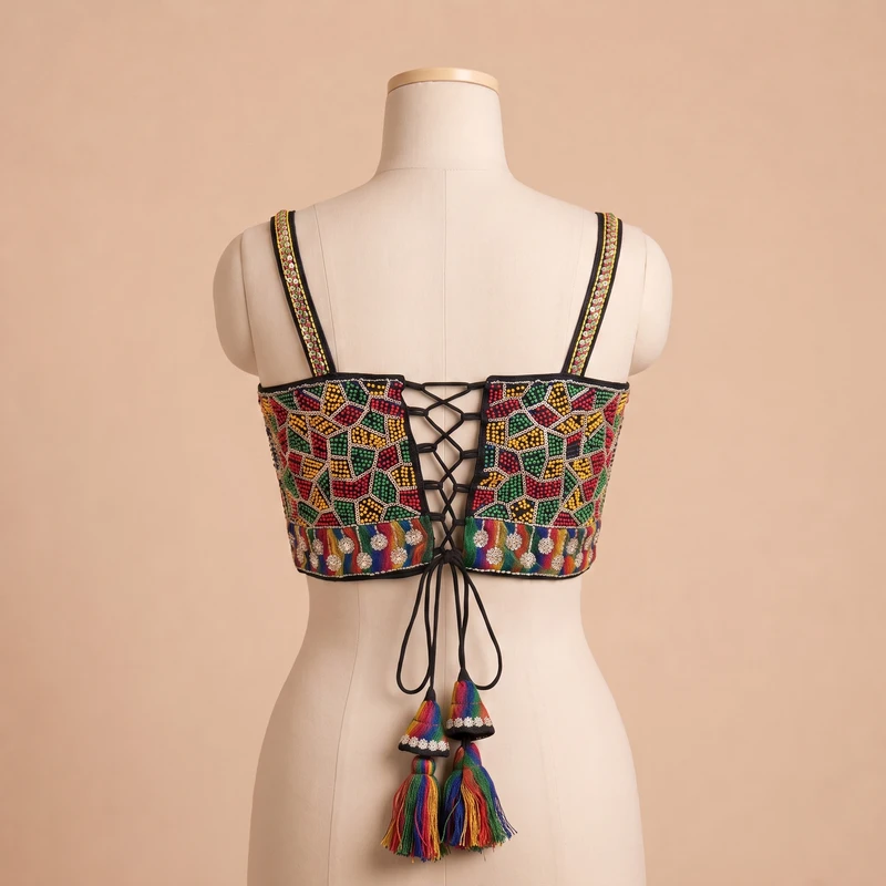 Black Navratri Special Silk Corset Blouse with Beads Handwork — view 2
