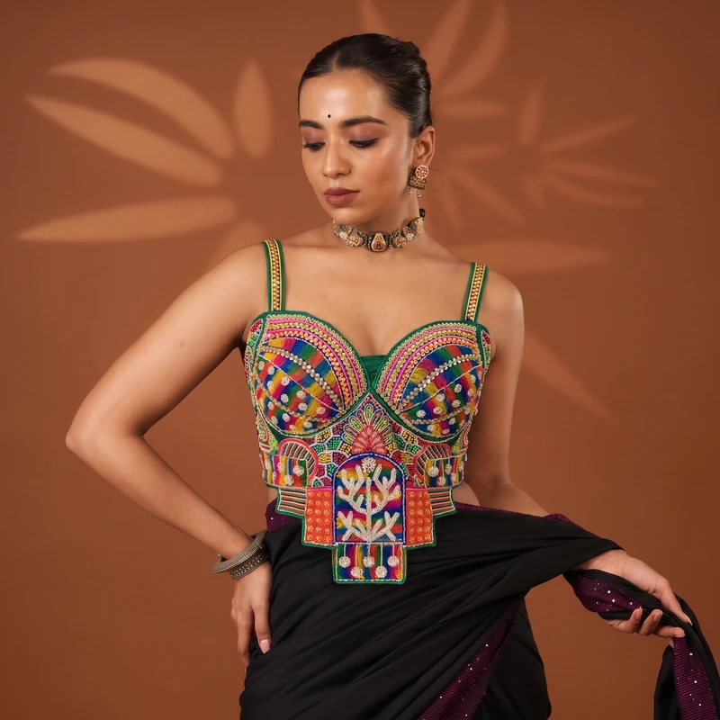 Green Navratri Special Silk Corset Blouse with Beads Handwork