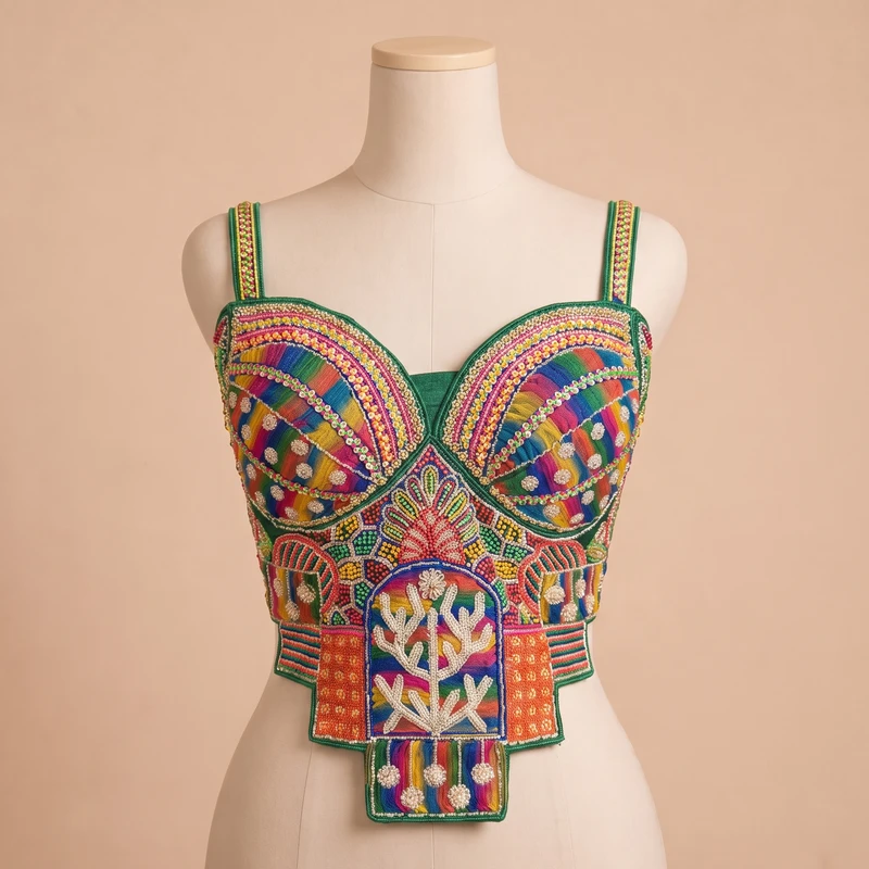 Green Navratri Special Silk Corset Blouse with Beads Handwork — view 3