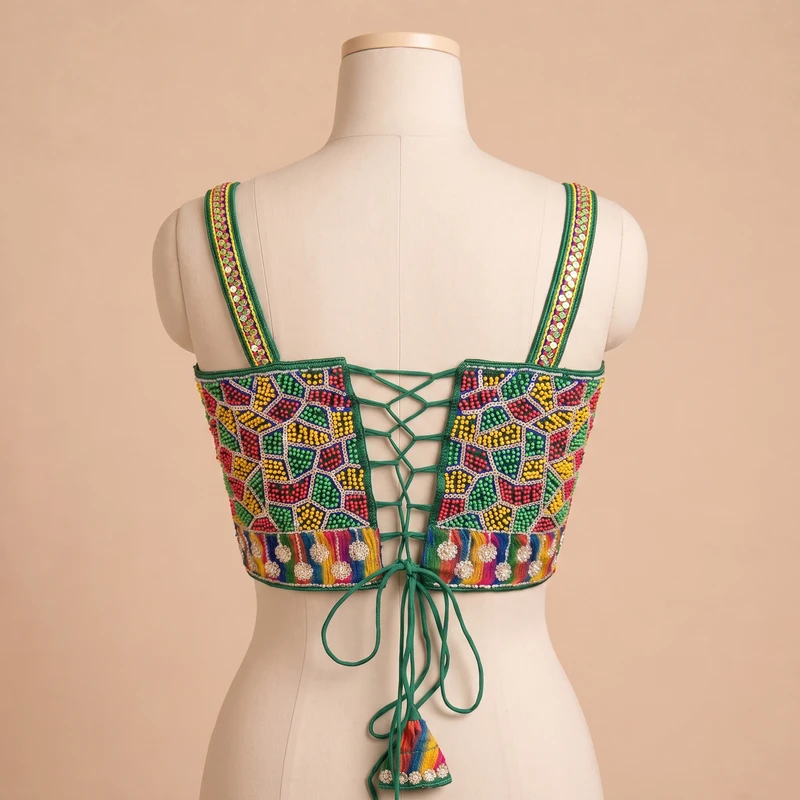 Green Navratri Special Silk Corset Blouse with Beads Handwork — view 2
