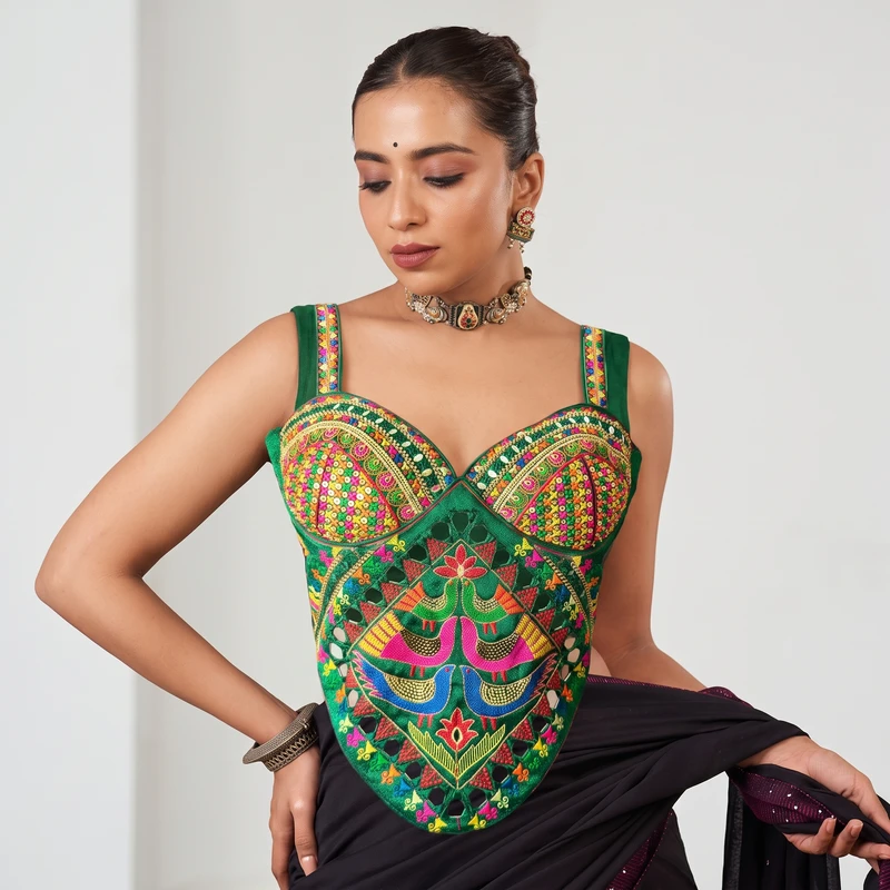 Green Navratri Silk Corset Blouse with Real Mirror & Thread Embroidery Work