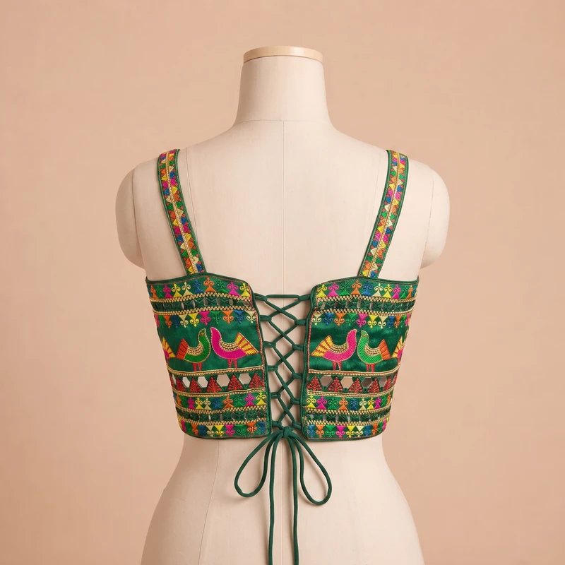 Green Navratri Silk Corset Blouse with Real Mirror & Thread Embroidery Work — view 2
