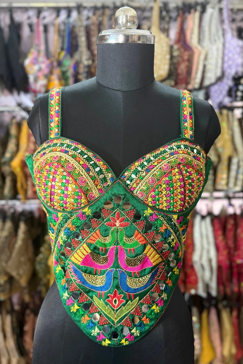 Green Navratri Silk Corset Blouse with Real Mirror & Thread Embroidery Work — view 3