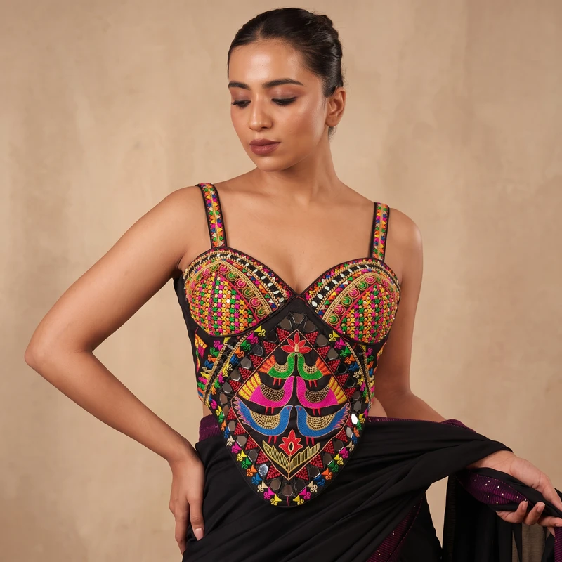 Black Navratri Silk Corset Blouse with Real Mirror & Thread Embroidery Work