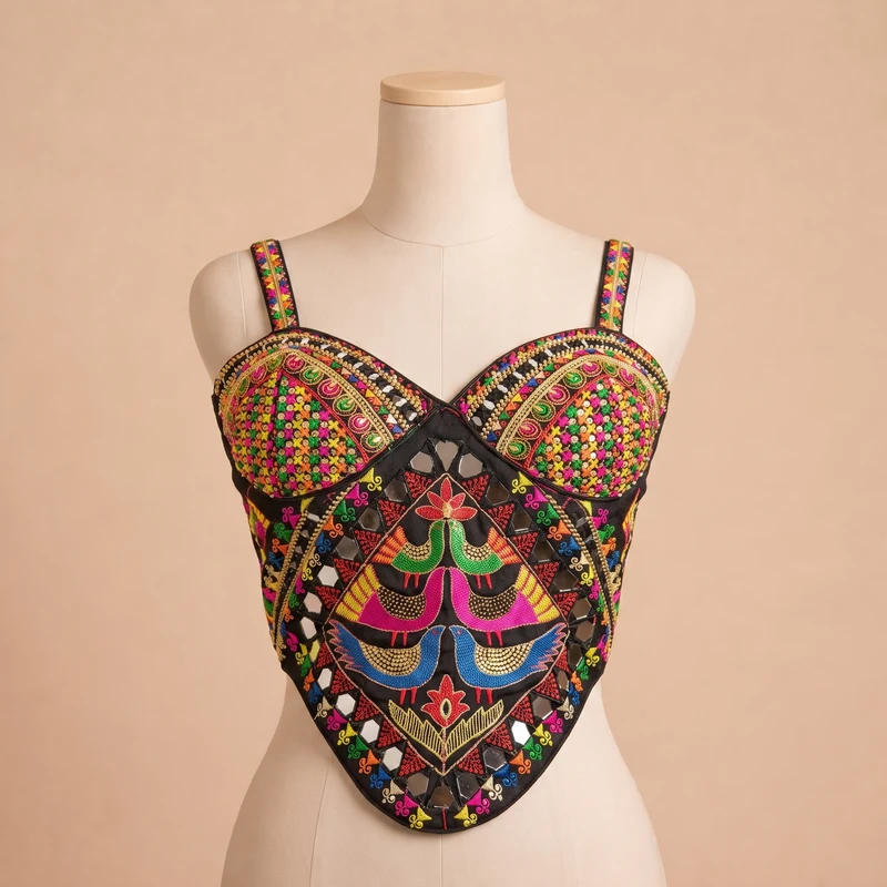 Black Navratri Silk Corset Blouse with Real Mirror & Thread Embroidery Work — view 2