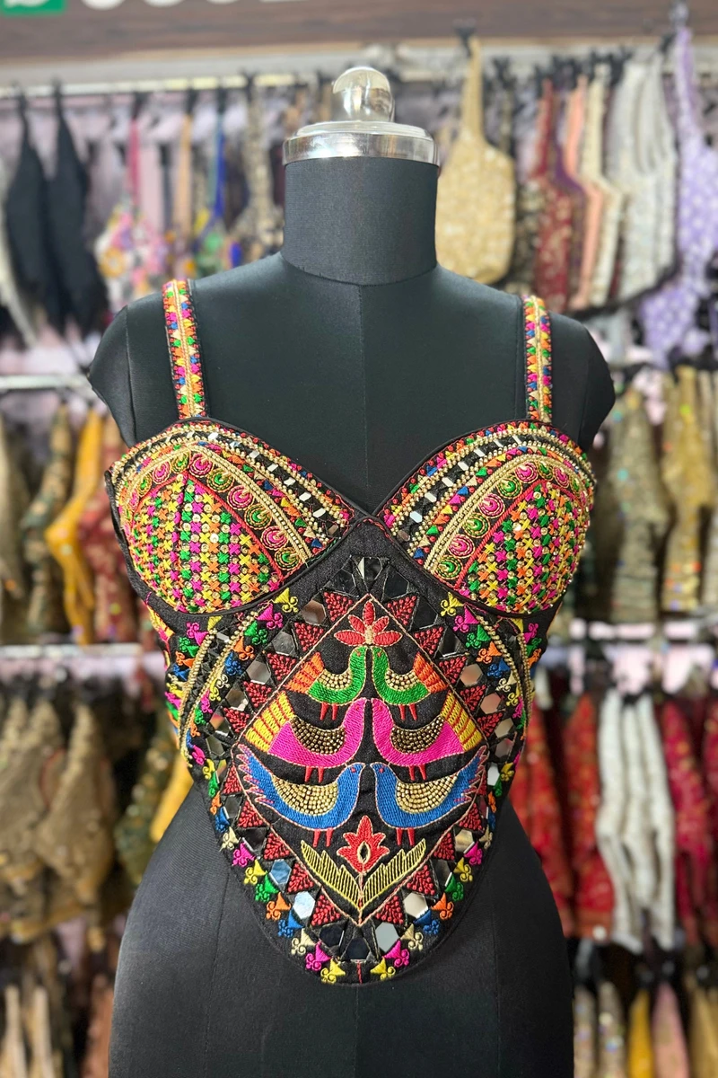 Black Navratri Silk Corset Blouse with Real Mirror & Thread Embroidery Work — view 3
