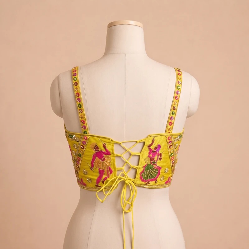 Lime Yellow Navratri Corset Garba Beads & Thread Work Blouse — view 2