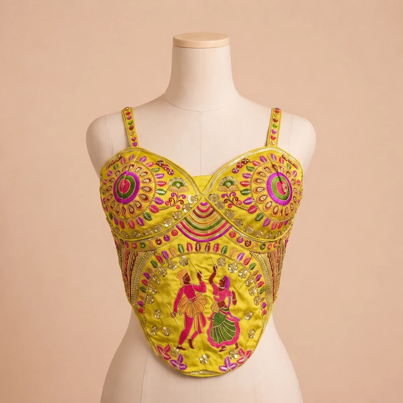 Lime Yellow Navratri Corset Garba Beads & Thread Work Blouse — view 3