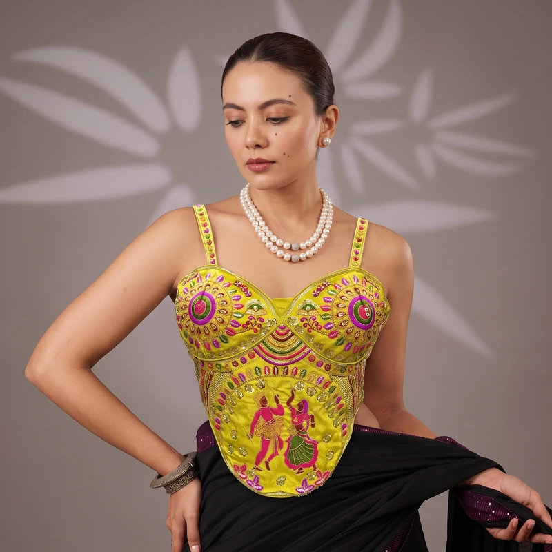 Lime Yellow Navratri Corset Garba Beads & Thread Work Blouse