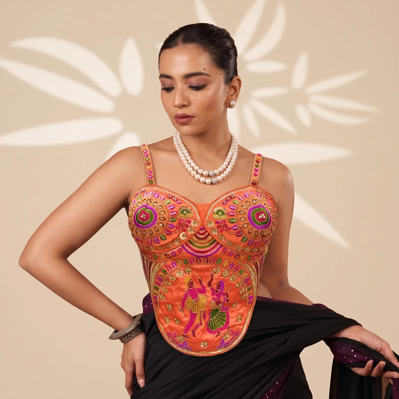 Orange Navratri Corset Garba Beads & Thread Work Blouse
