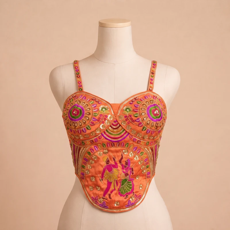 Orange Navratri Corset Garba Beads & Thread Work Blouse — view 3