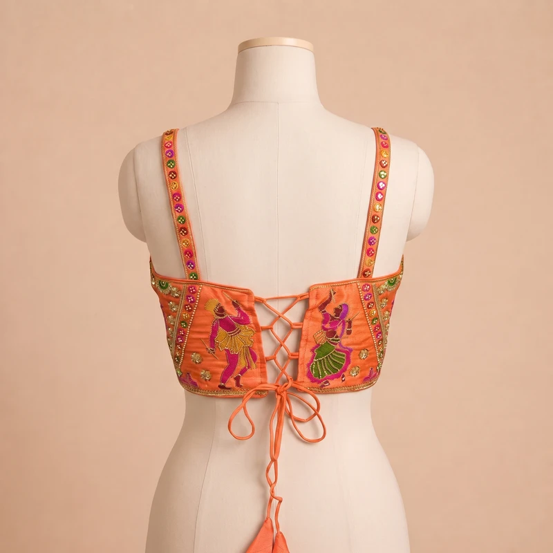 Orange Navratri Corset Garba Beads & Thread Work Blouse — view 2