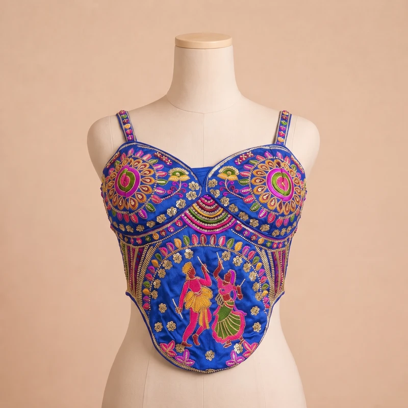 Royal Blue Navratri Corset Garba Beads & Thread Work Blouse — view 3
