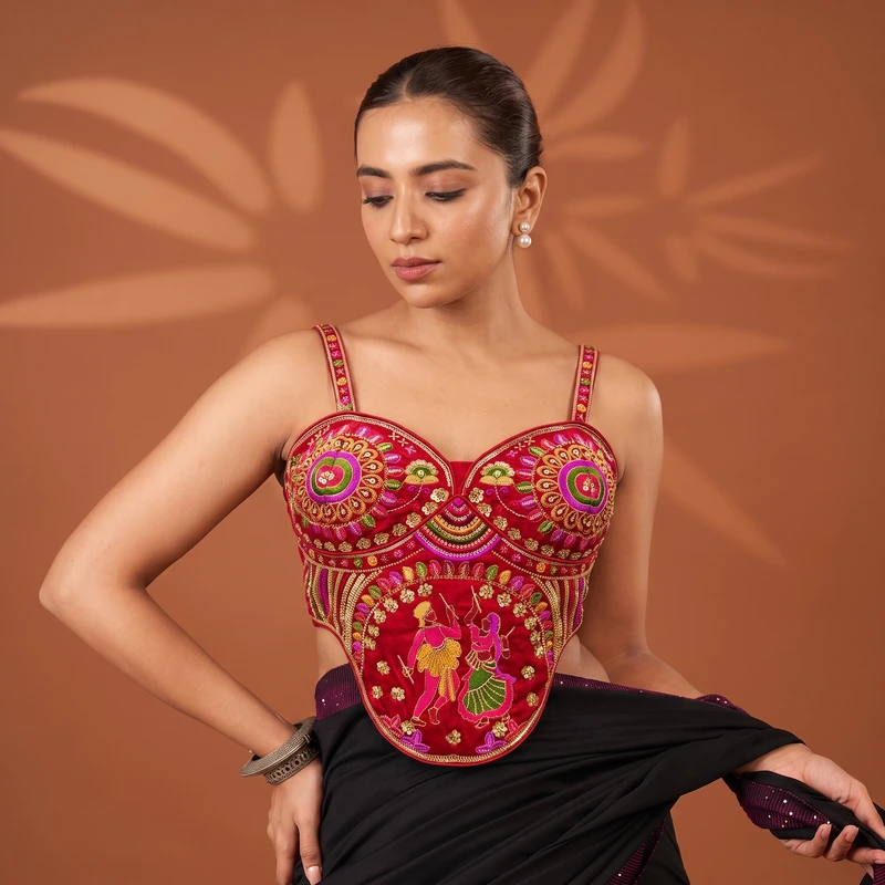 Red Navratri Corset Garba Beads & Thread Work Blouse