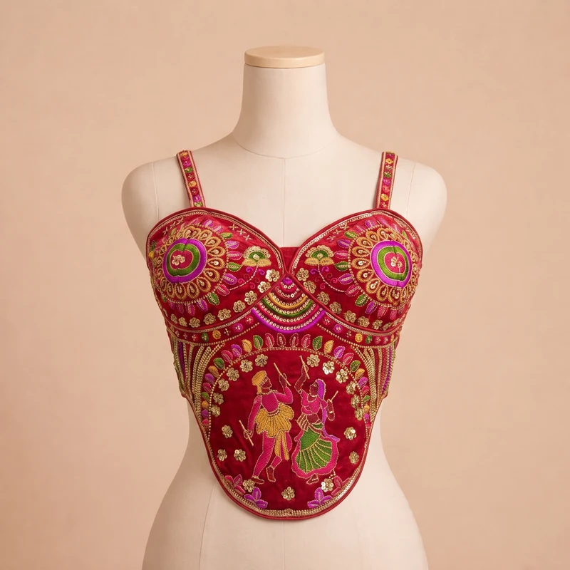 Red Navratri Corset Garba Beads & Thread Work Blouse — view 3