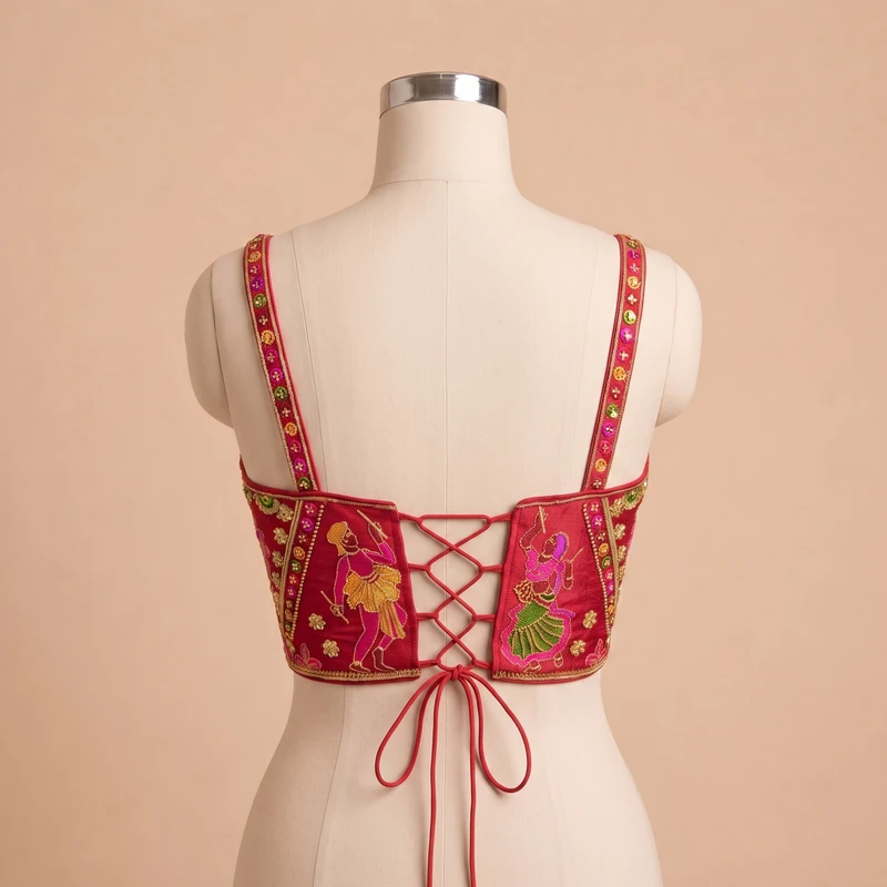 Red Navratri Corset Garba Beads & Thread Work Blouse — view 2