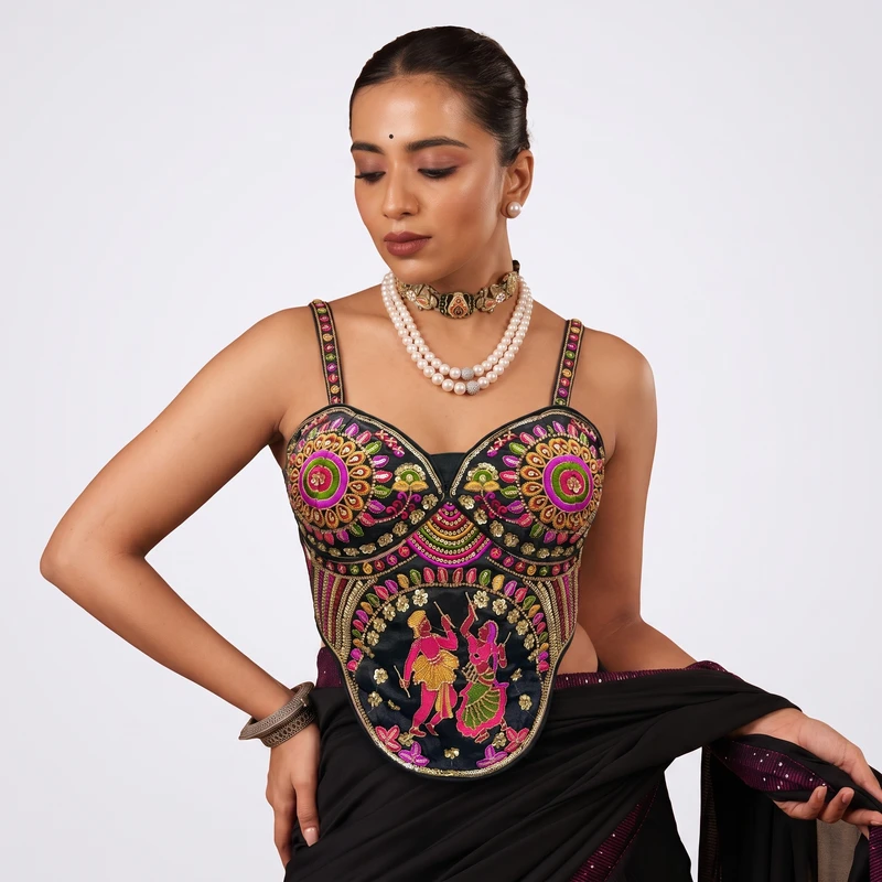 Black Navratri Corset Garba Beads & Thread Work Blouse