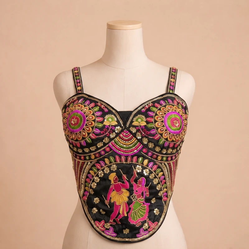 Black Navratri Corset Garba Beads & Thread Work Blouse — view 2