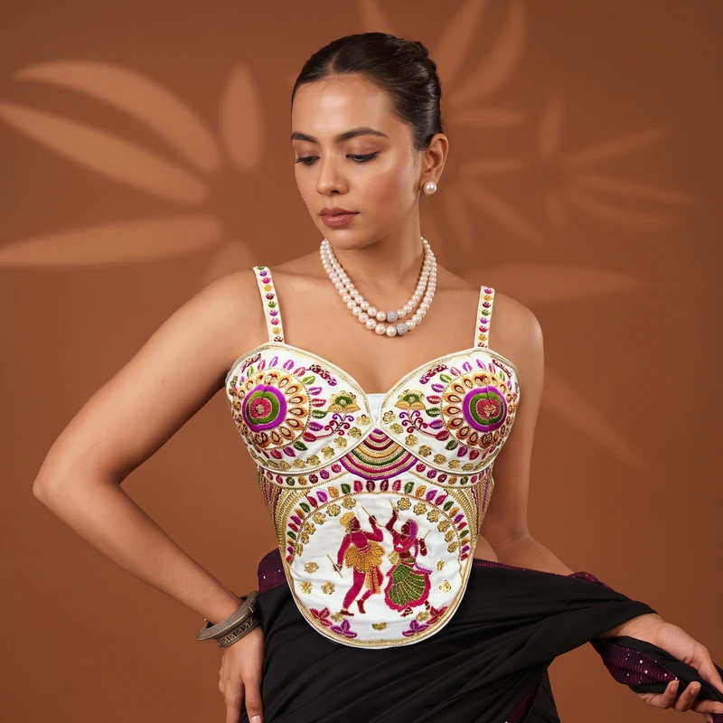 White Navratri Corset Garba Beads & Thread Work Blouse