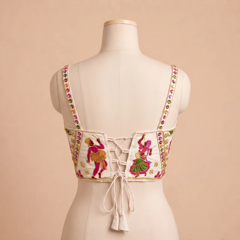 White Navratri Corset Garba Beads & Thread Work Blouse — view 3