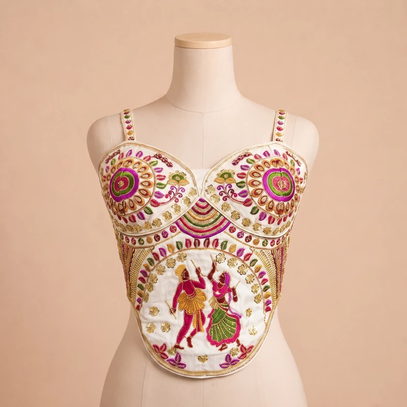 White Navratri Corset Garba Beads & Thread Work Blouse — view 2