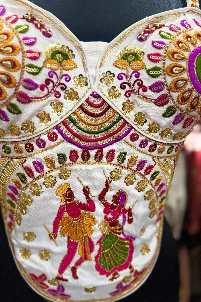White Navratri Corset Garba Beads & Thread Work Blouse — view 5