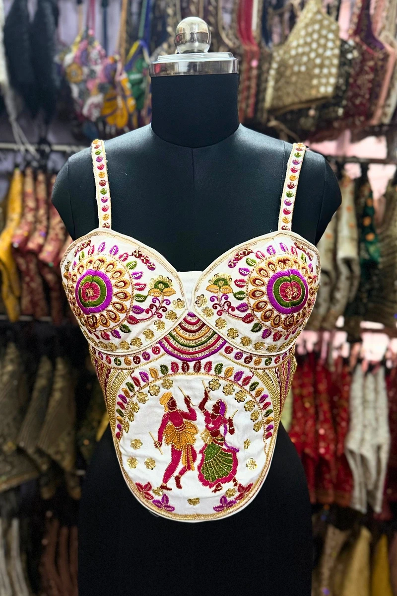 White Navratri Corset Garba Beads & Thread Work Blouse — view 4