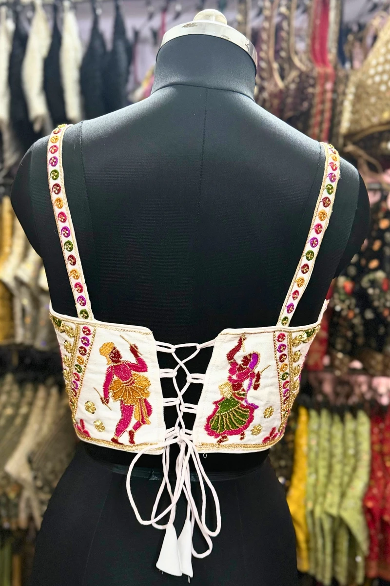 White Navratri Corset Garba Beads & Thread Work Blouse — view 6