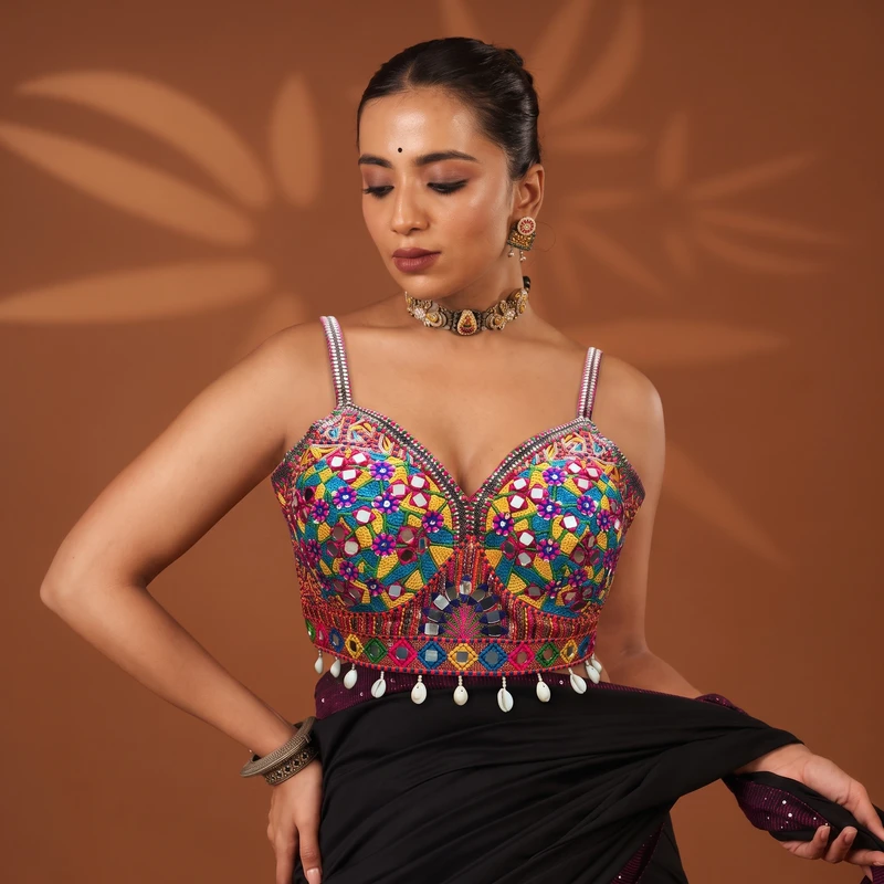 Rust Navratri Real Mirror & Thread Embroidery Garba Sleeveless Blouse