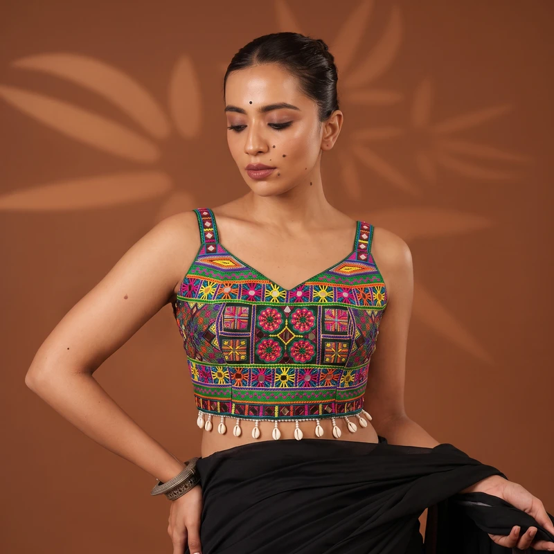 Green Navratri Special Real Mirror & Thread Embroidery Kodi Garba Blouse
