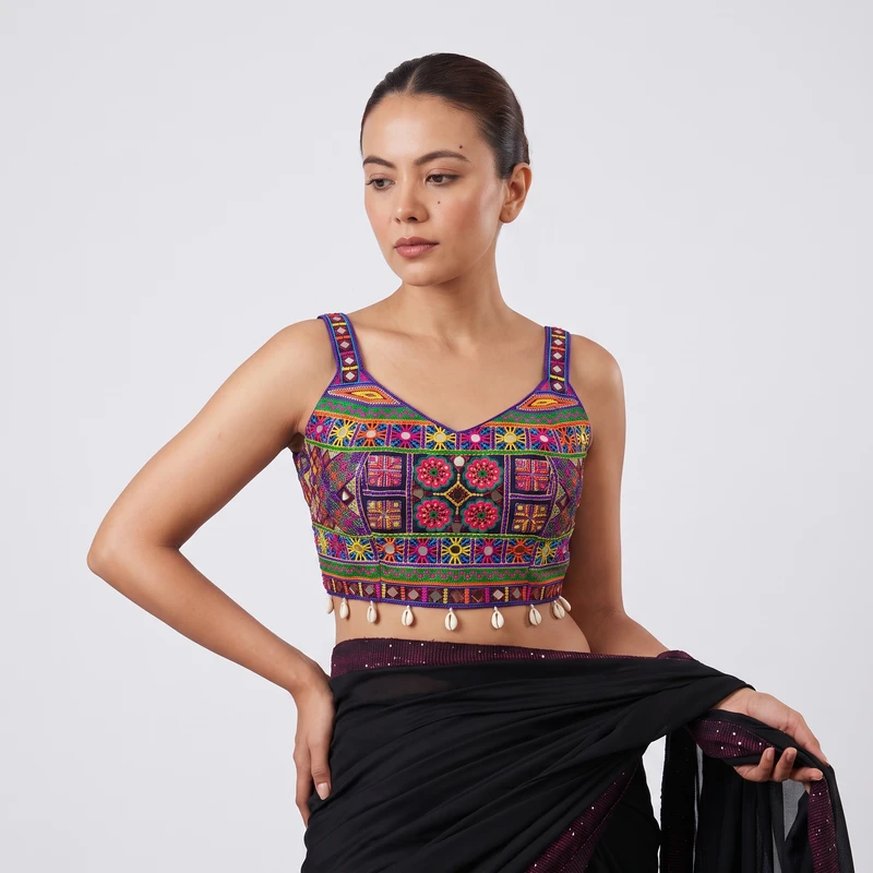 Purple Navratri Special Real Mirror & Thread Embroidery Kodi Garba Blouse