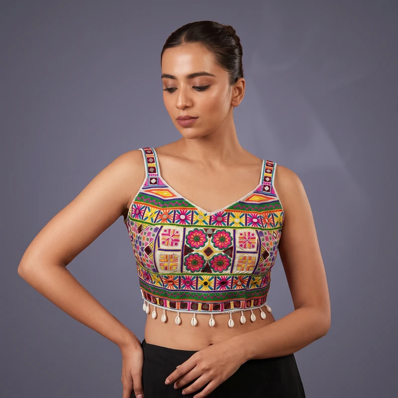 White Navratri Special Real Mirror & Thread Embroidery Kodi Garba Blouse
