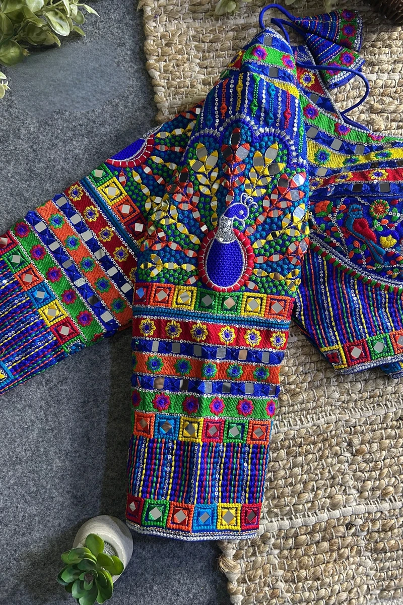 Blue Navratri Full Sleeve Silk Blouse with Mirror & Thread Work — view 2