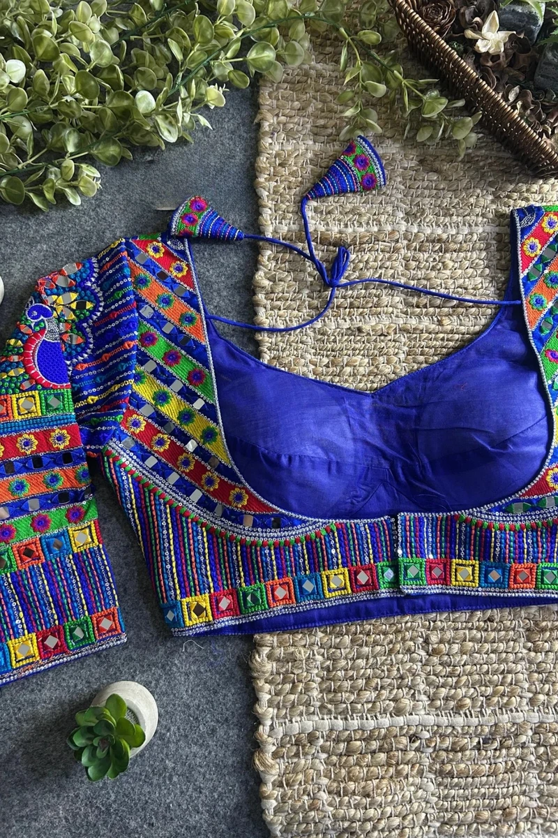 Blue Navratri Full Sleeve Silk Blouse with Mirror & Thread Work — view 3