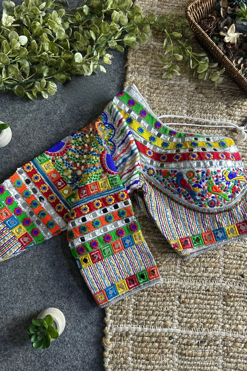 White Navratri Full Sleeve Silk Blouse with Mirror & Thread Work — view 2