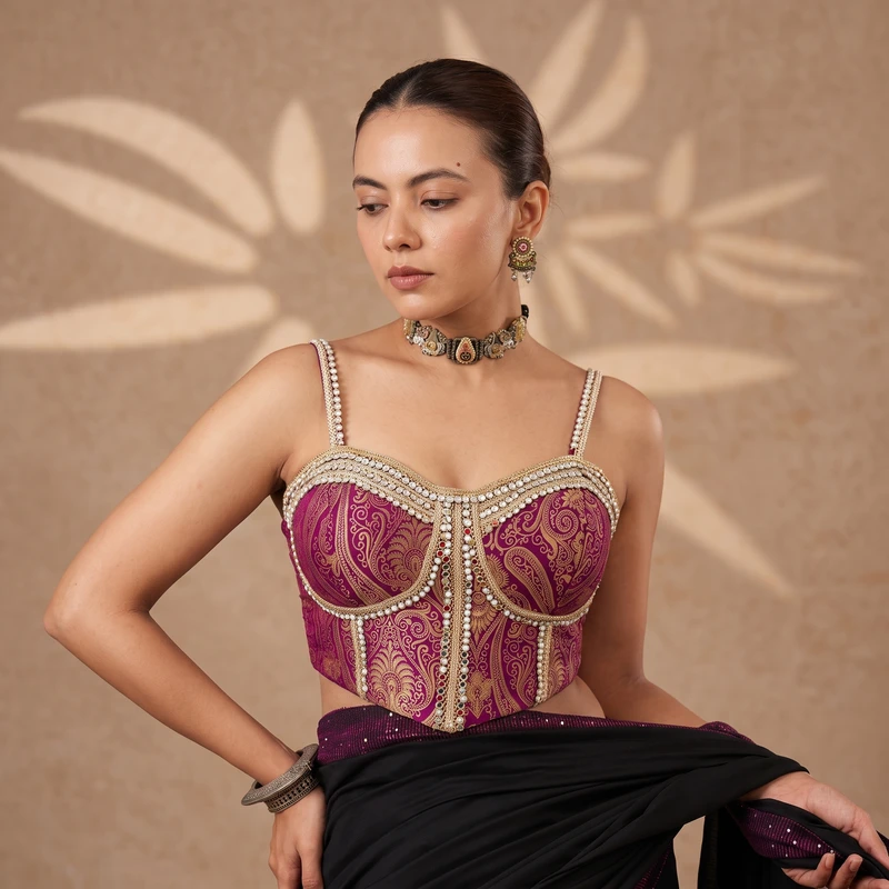 Wine Western Style Banarasi Corset Blouse with Real Mirror Work Lace