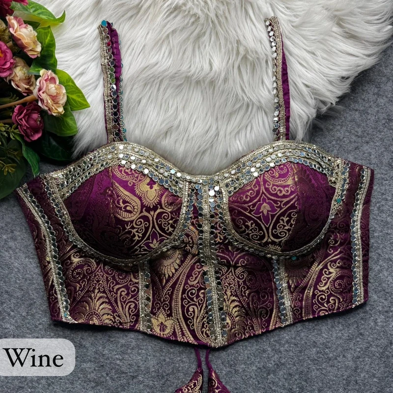 Wine Western Style Banarasi Corset Blouse with Real Mirror Work Lace — view 2