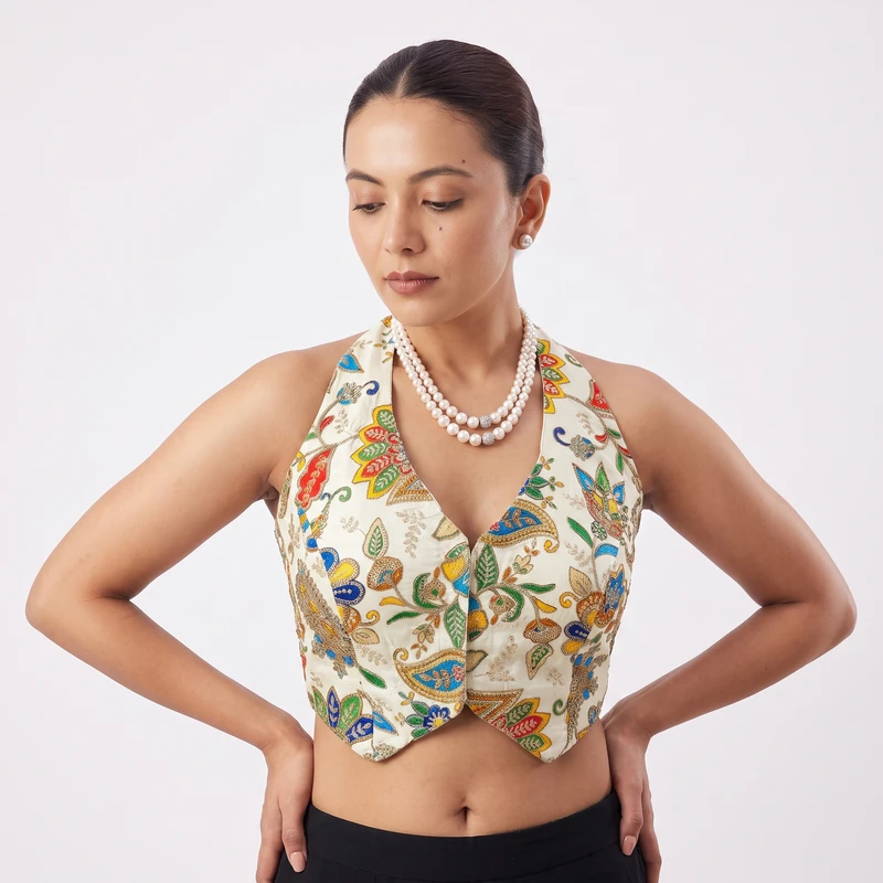 White Halter Neck Position Work Blouse in Heavy Soft Viscose Crape Silk
