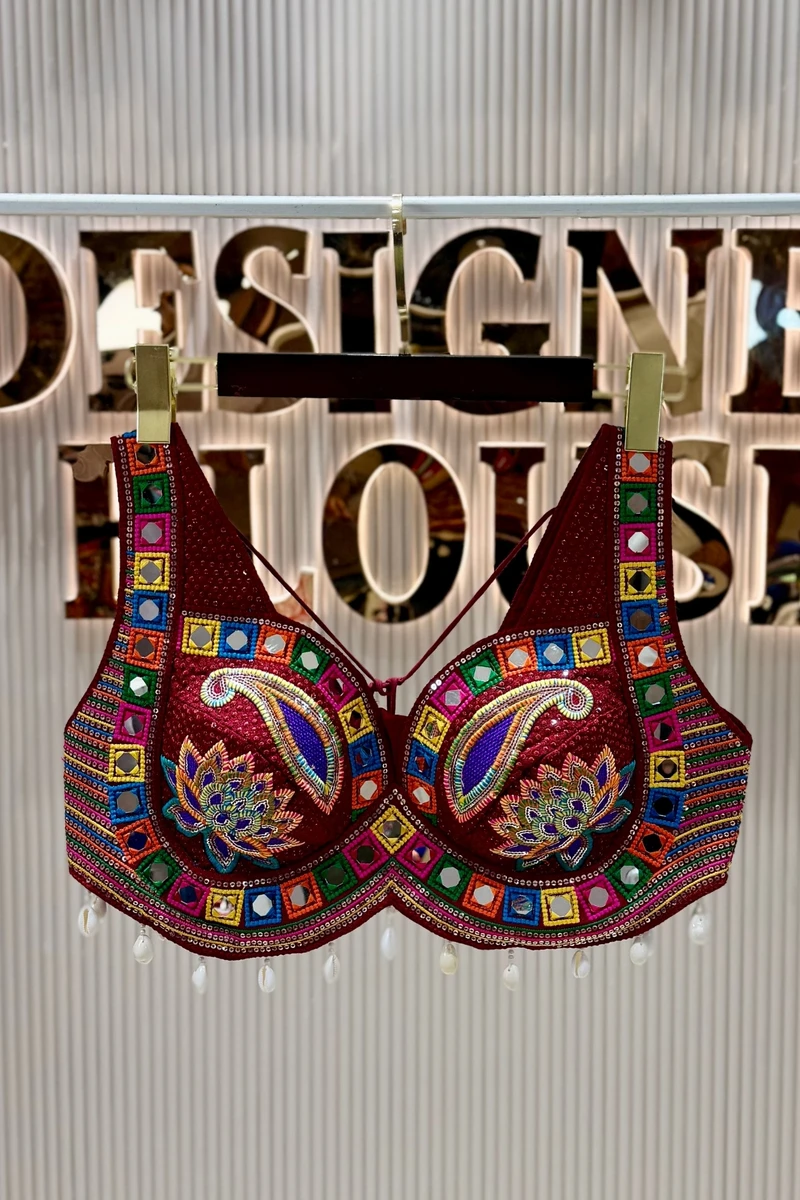Maroon Designer Real Mirror, Sequin & Kodi Work Sleeveless Navratri Blouse — view 2
