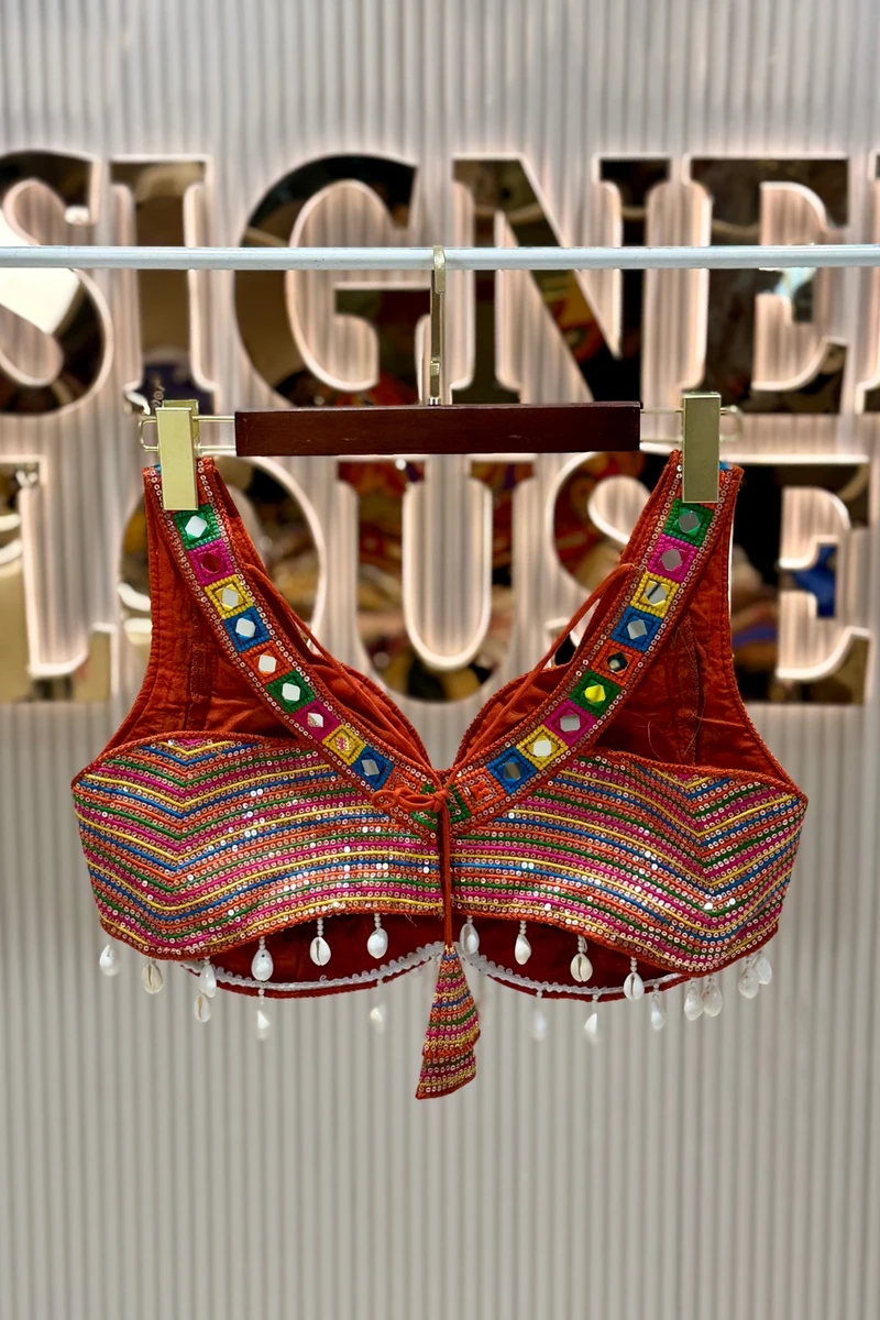 Rust Designer Real Mirror, Sequin & Kodi Work Sleeveless Navratri Blouse — view 2
