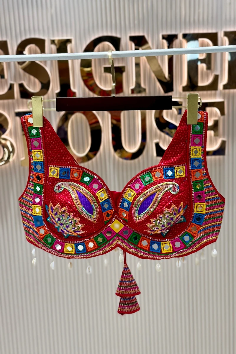 Red Designer Real Mirror, Sequin & Kodi Work Sleeveless Navratri Blouse — view 2