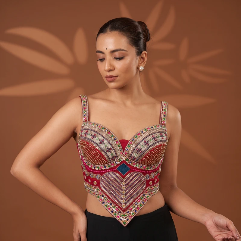 Red Beads Work Silk Corset Navratri Blouse