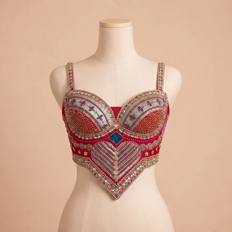 Red Beads Work Silk Corset Navratri Blouse — view 2