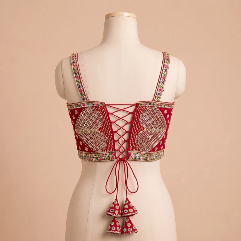 Red Beads Work Silk Corset Navratri Blouse — view 3