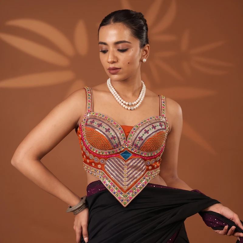 Rust Beads Work Silk Corset Navratri Blouse