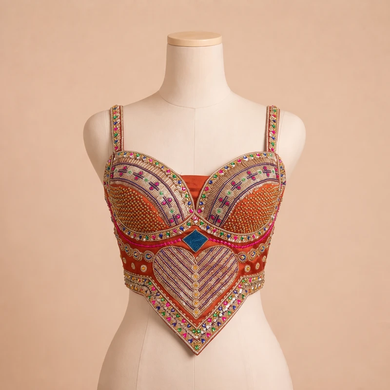 Rust Beads Work Silk Corset Navratri Blouse — view 2