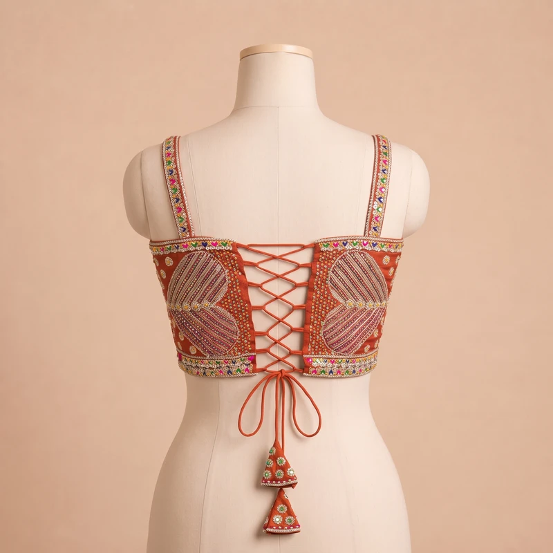 Rust Beads Work Silk Corset Navratri Blouse — view 3