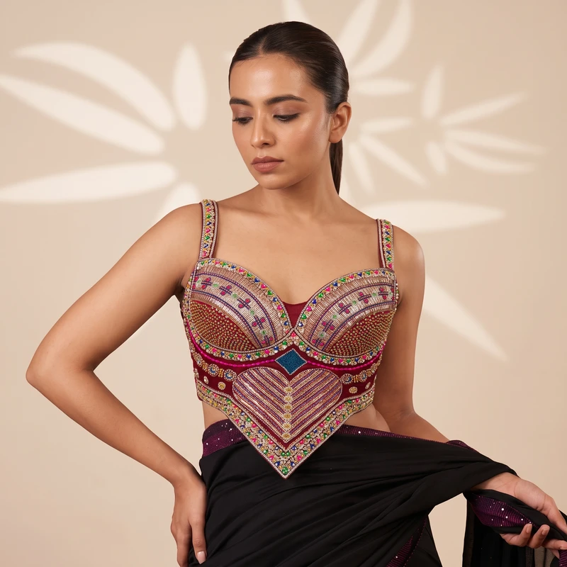 Magenta Beads Work Silk Corset Navratri Blouse