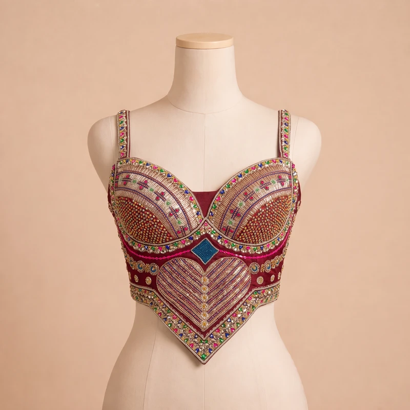 Magenta Beads Work Silk Corset Navratri Blouse — view 2