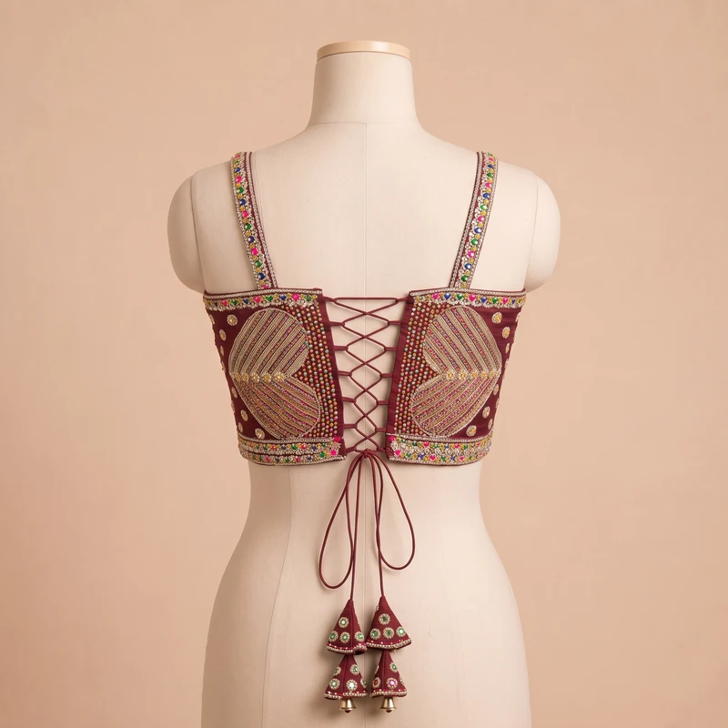 Magenta Beads Work Silk Corset Navratri Blouse — view 3
